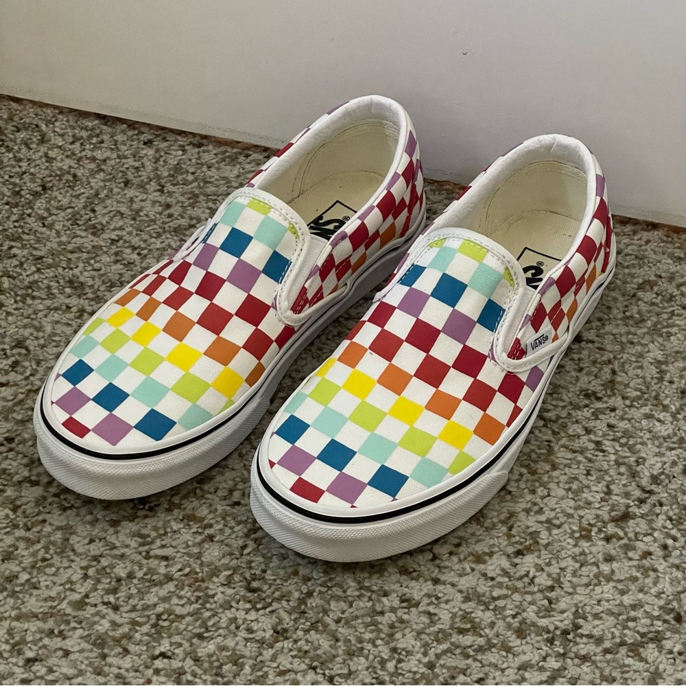 Rainbow checkered slip on Vans